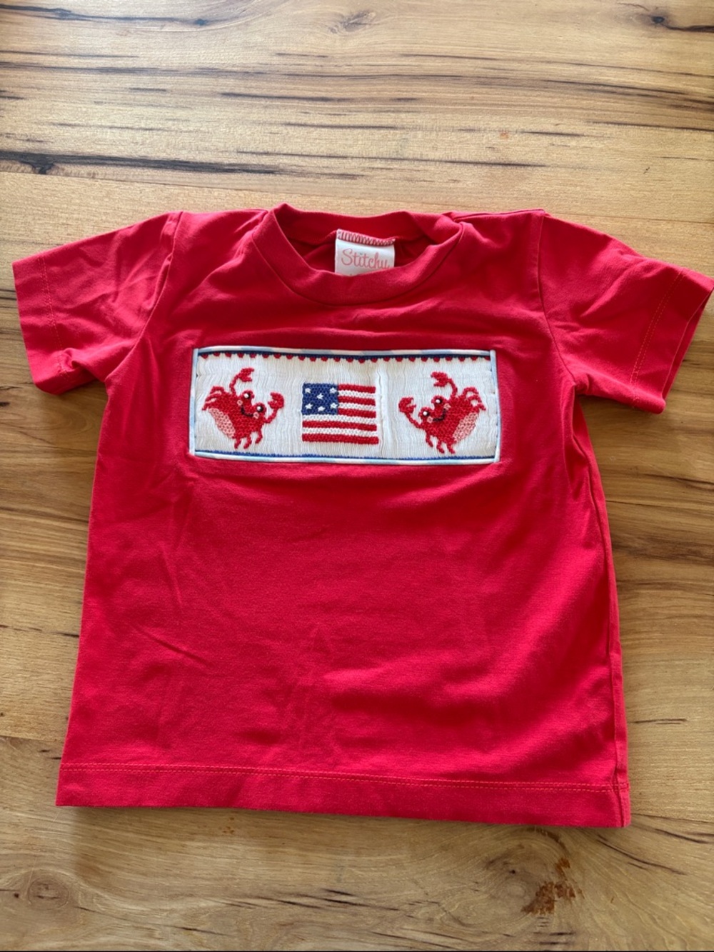 Red Short Sleeve Tee with Flag & Rooster Smocking - Kids